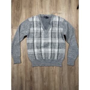 Mens Vintage Size Small 70s Grey Plaid Deep V Pullover KingSport Sweater